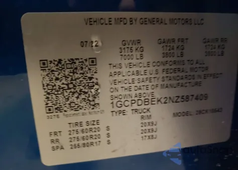 2022 Chevrolet Silverado 1500 4Wd Short Bed Custom z USA, uszkodzony, nr VIN 1GCPDBEK2NZ587409